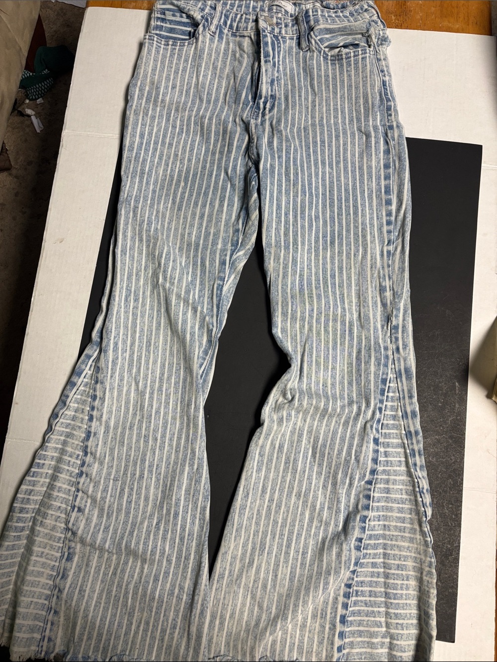 Striped Light Blue Wide-Leg Flare Jeans - Women's